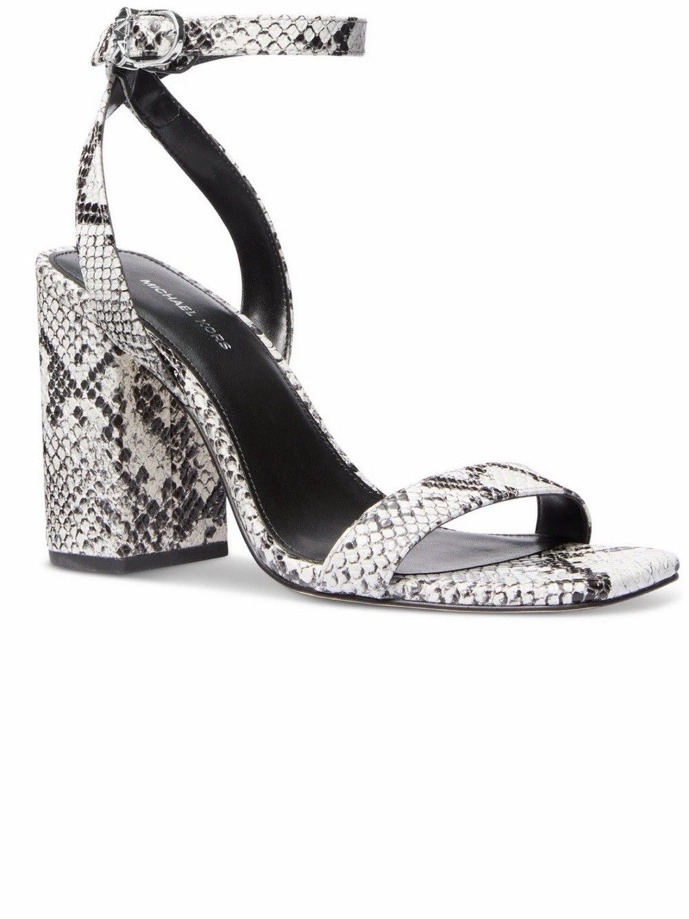 Michael Kors White and Black Snake-Print Ankle-Strap Block Heel Sandal - Picture 1 of 5